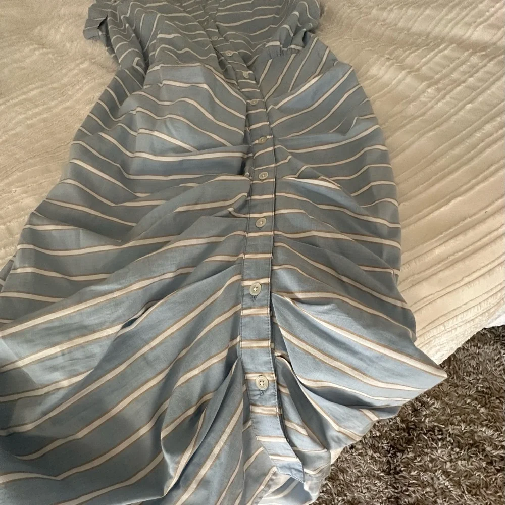 Veronica Beard Blue and White Striped Ruched V-Neck Midi Dress - Picture 5 of 5